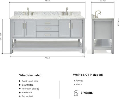 ARIEL Magnolia 72-inch Bathroom Vanity with Sink,Solid Wood, 0.75-inch Italian Carrara Marble Countertop, Double Rectangular Porcelain Sink, 4 Soft Closing Doors, 3 Dovetail Drawers, Grey
