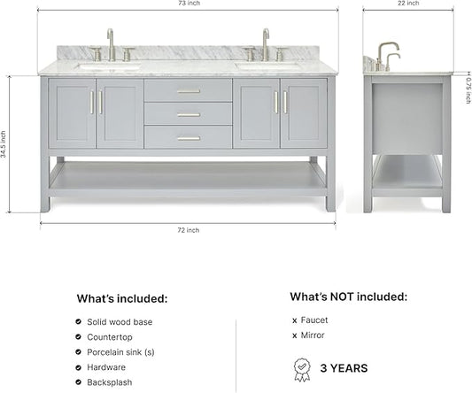 ARIEL Magnolia 72-inch Bathroom Vanity with Sink,Solid Wood, 0.75-inch Italian Carrara Marble Countertop, Double Rectangular Porcelain Sink, 4 Soft Closing Doors, 3 Dovetail Drawers, Grey