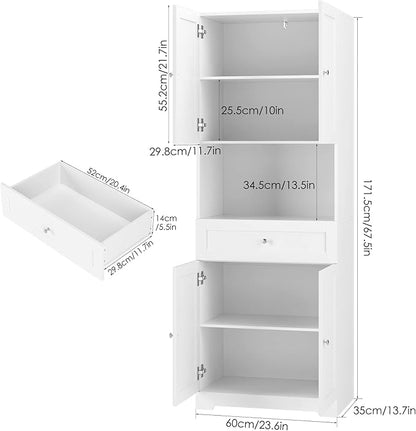 HIFIT Tall Bathroom Storage Cabinet with Drawer, Modern Linen Cabinet,White | 67"H Tall Storage Cabinet with Doors & Shelves, Freestanding Kitchen Pantry for Bathroom, Dining Room, Laundry, Narrow Corner