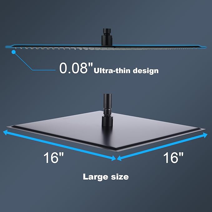 Shower Head,16 Inch Ultra Thin High Pressure Fixed Rain Showerhead Matte Black with Silicone Nozzle - Adjustable Metal Swivel Ball Joint - For the Best Relaxation and Spa