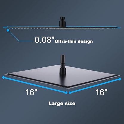 Shower Head,16 Inch Ultra Thin High Pressure Fixed Rain Showerhead Matte Black with Silicone Nozzle - Adjustable Metal Swivel Ball Joint - For the Best Relaxation and Spa