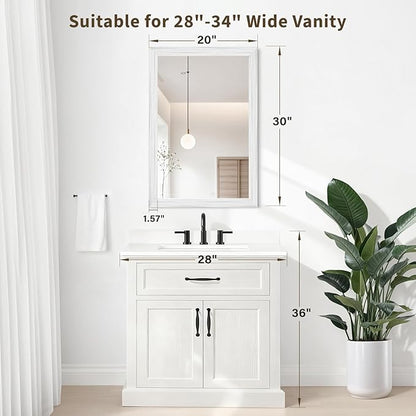 White Wood Effect Framed Wall Mirror, 20x30 Rectangle Mirror, 1/8" Anti-desilvering Tempered Glass, Sustainable& Sturdy Frame, Anti-Rust, HD Reflection &3min Fast Setup for Bathroom Living Room