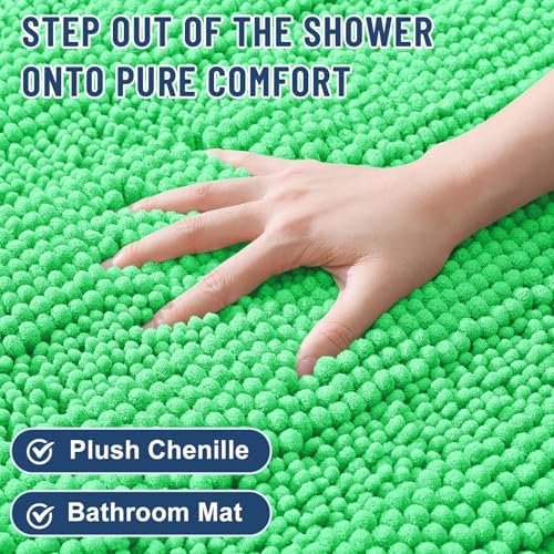 Grandaily Chenille Striped Bathroom Rugs 24x16, Extra Thick and Soft Absorbent Bath Mats, Rubber Backing, Plush Shaggy Shower Carpet, Machine Wash Dry, Bath Rug for Bathroom, Mint Green