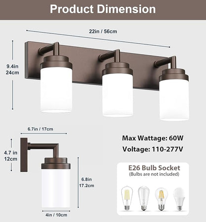 Bathroom Light Fixtures, Oil Rubbed Bronze Bathroom Lighting Fixtures Over Mirror, Modern Vanity Light with White Glass Shade, Restroom Lighting Fixtures, 3-Light 22-inch