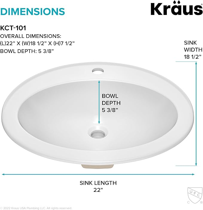 KRAUS Elavo 22 in. Oval Porcelain Ceramic Self-Rimming Drop In Bathroom Sink in White with Overflow Drain, KCT-101