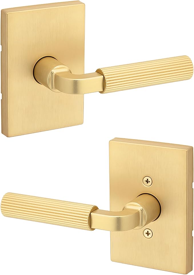 Kwikset Mirada Reeded Interior Passage Door Handle, Lever for Closet and Hallway Doors, Reversible Non-Locking Handle Lever, Satin Brass, with Microban Protection