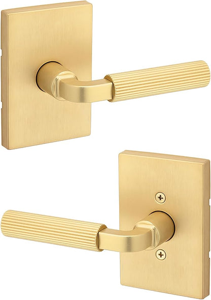 Kwikset Mirada Reeded Interior Passage Door Handle, Lever for Closet and Hallway Doors, Reversible Non-Locking Handle Lever, Satin Brass, with Microban Protection
