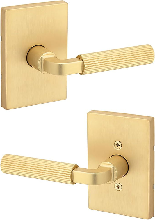 Kwikset Mirada Reeded Interior Passage Door Handle, Lever for Closet and Hallway Doors, Reversible Non-Locking Handle Lever, Satin Brass, with Microban Protection