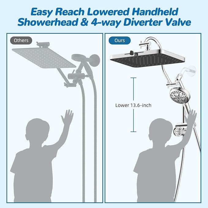 Hibbent cUPC Certified High Pressue 13'' Rainfall Shower Head with 5-Spray | Shower Heads with Handheld 10-Spray Combo, All Metal Easy Reach 4-way Diverter Extension Arm, 71'' Hose & Holder, Chrome