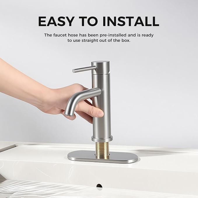 Bathroom Sink 1 Hole Single Handle Lever Faucets Stainless Steel | Pop Up Drain,Deck Plate,Flexible Hoses,1 or 3 Hole,Modern,for Vanity RV Bath Basin Wash Room Restroom Home,Brushed Nickel