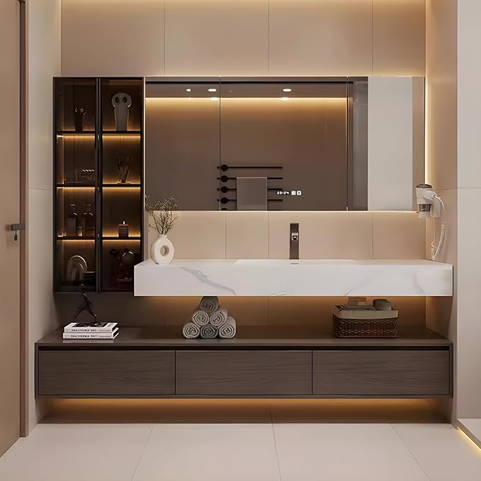 Bathroom Vanity, Floating Bathroom Sink Vanity, Modern Bathroom Vanities with Smart Defogging LED Mirror & Glass Side Cabinet, Wall Mounted Vanities for Restroom, Solid Wood (60in)