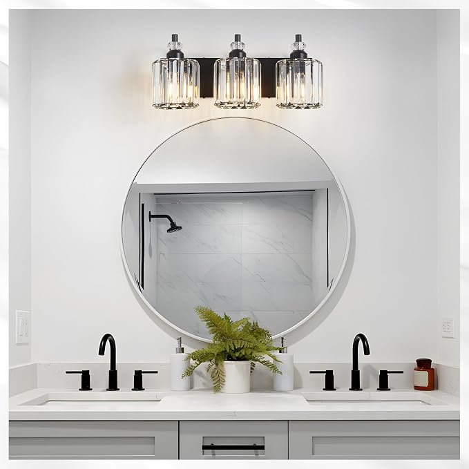 3-Light Black Bathroom Light Fixtures Over Mirror Modern Vanity Lights Crystal Wall Sconce Vintage Bathroom Lighting with Crystal Shade E26 Base for Bedroom, Living Room, Hallway