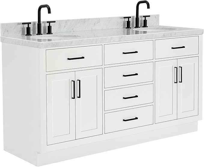 ARIEL Hepburn 66-inch Bathroom Vanity with Sink,Solid Wood, 1.5-inch Italian Carrara Marble Countertop & Backsplash, Double Oval Porcelain Sink, 4 Soft Closing Doors, 6 Dovetail Drawers, White