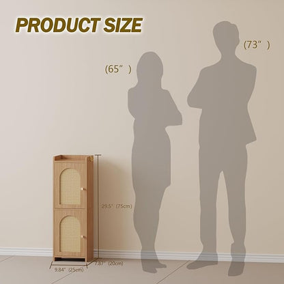 Rattan Bathroom Storage Cabinet,Corner Floor Cabinet with 2 Doors and Adjustable Shelf, Narrow Toilet Paper Cabinets with 2Hooks,Toilet Organizer for Small Spaces,7.87"D*9.84"W*29.72"H Oak