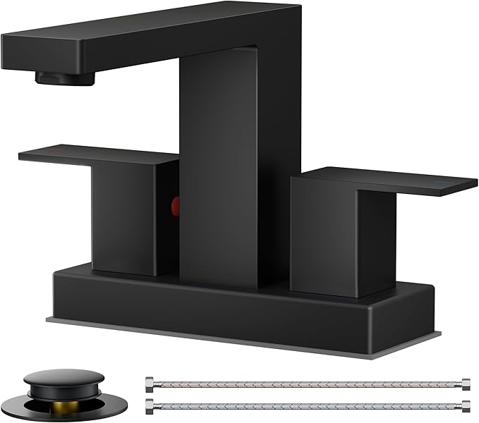 FORIOUS Black Bathroom Faucet Centerset 2 Hole, Square 4 Inch Matte Black Centerset Bathroom Sink Faucet 2 Handle with Metal Pop Up Drain, 24" CUPC Hose and Spare Water Saving Aerator
