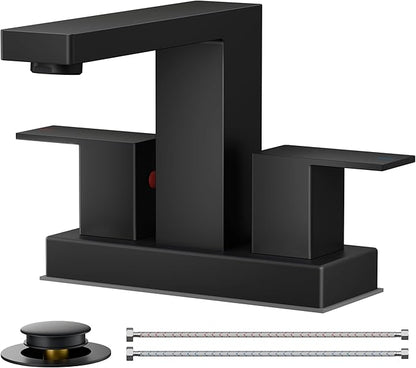 FORIOUS Black Bathroom Faucet Centerset 2 Hole, Square 4 Inch Matte Black Centerset Bathroom Sink Faucet 2 Handle with Metal Pop Up Drain, 24" CUPC Hose and Spare Water Saving Aerator