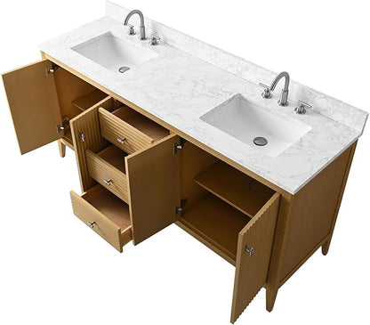 HOMEBEYOND 72" Bathroom Vanity with Double Sink, Solid Wood Bathroom Vanity Free-Standing Cabinet, Ceramic Top & Soft Closing Door, Golden Brushed Handware,Natural Oak