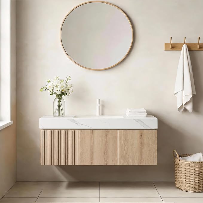 Ambrovina 48 inch Floating Bathroom Vanity with Sink, Wall Mounted Storage Vanities with Drawer and 2 Doors, Carrara White Sintered Stone Top and Ceramic Basin, Pre-Assembled Cabinet, Light Wooden