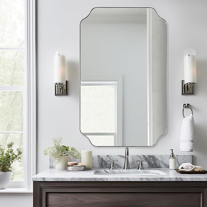 Chrome Bathroom Mirror, 24x36 Inch Polished Chrome Rectangle Mirror, Scalloped Bathroom Mirror with Stainless Steel Metal Frame, Thin Frame Deep 1’’