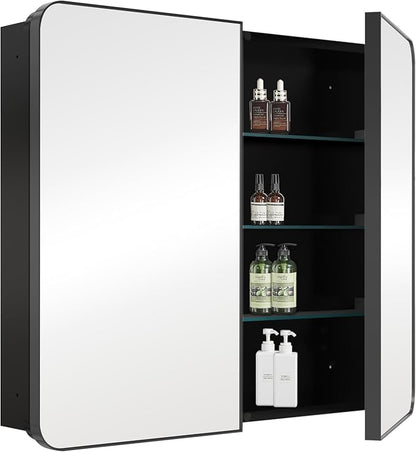 30’’x26’’ Medicine Cabinet,Metal Framed Medicine Cabinet Mirror with Round Corner,Recessed and Surface Mount Bathroom Mirror with Storage,Removeable Shelves,Dark Gray Frame