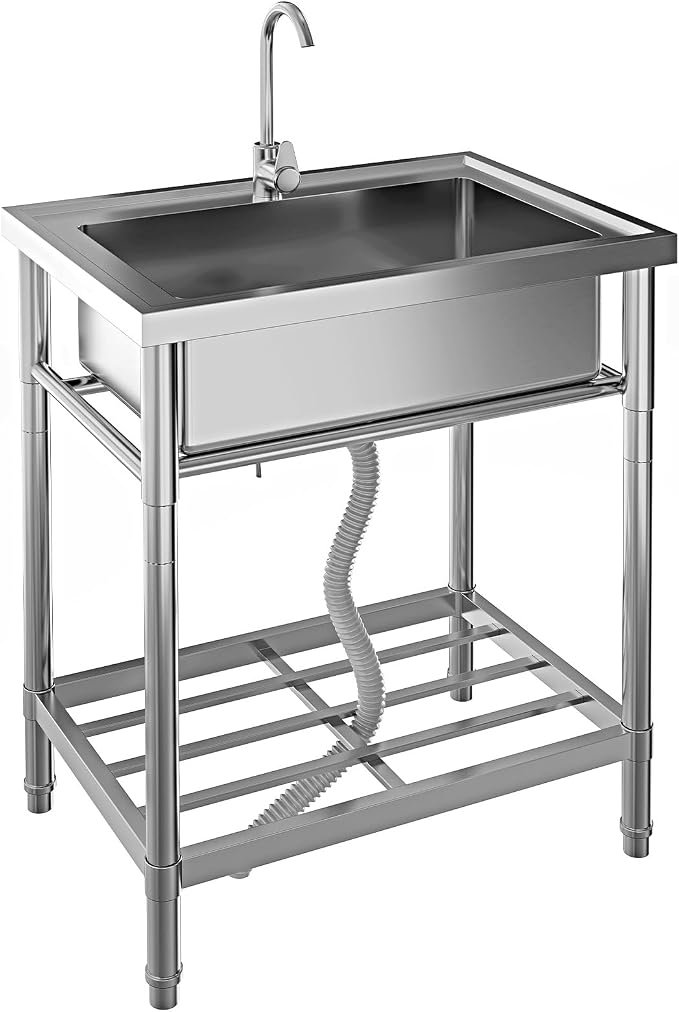 Stainless Steel Utility Sink, 28" Single Bowl Commercial Sink | Free Standing Utility Sink with Cold and Hot Water Pipe, for Kitchen, Laundry
