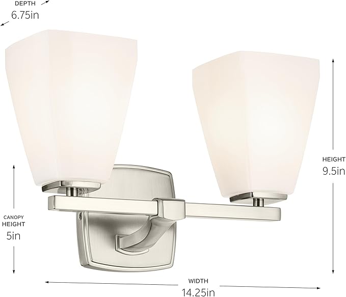 Kichler Marant 14.25" 2-Light Vanity Light with Opal Glass in Brushed Nickel, for Bathroom, Powder Room, Over a Mirror, (14.25" W x 9.5" H), 55215NI