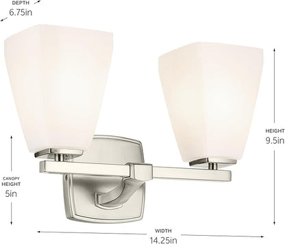 Kichler Marant 14.25" 2-Light Vanity Light with Opal Glass in Brushed Nickel, for Bathroom, Powder Room, Over a Mirror, (14.25" W x 9.5" H), 55215NI