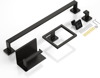 5-Piece 23.6 Inch Matte Black Bathroom Accessories Set, Bathroom Hardware Set, Stainless Steel Bath Towel Bar Set, Toilet Paper Holder with Shelf, Towel Hooks, Towel Ring Wall Mounted