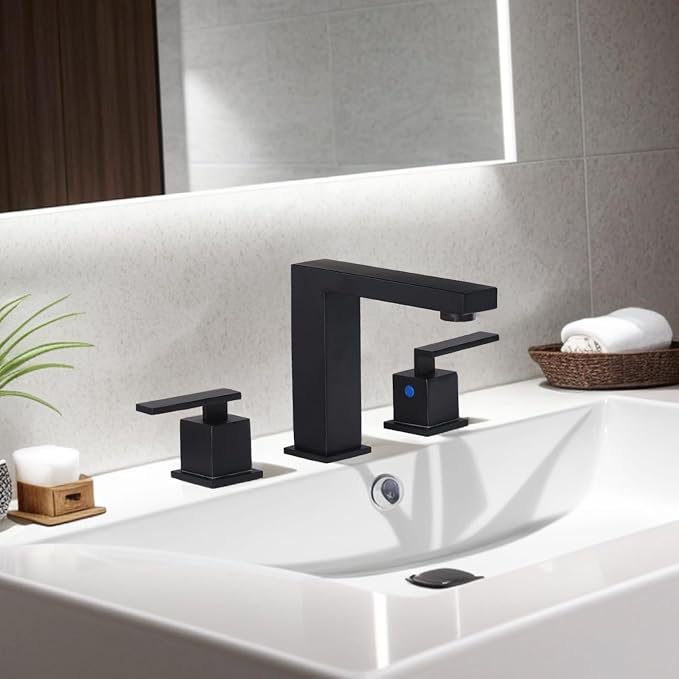 Matte Black Bathroom Faucet 3 Hole, Two Handle 8 Inch Widespread | Comes with Supply Lines & Pop-Up Drain, Easy Deck Mount, Square Shape, Fits Bathroom Vanity Sink, Powder Room & RV Sink