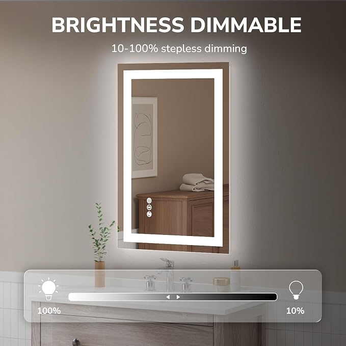 LED Bathroom Mirror 24x36 Inch Tempered Glass - Frameless LED Backlit Lighted Mirror for Bathroom Vanity with Anti-Fog, 3 Colors Dimmable, Memory Function, Wall-Mounted | Tempered Glass - Frameless Backlit Lighted Mirror for Bathroom Vanity with Anti-F...