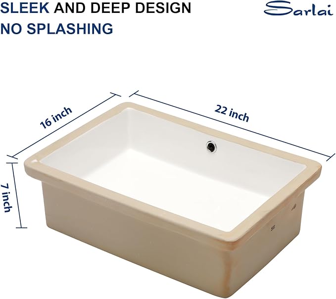 Sarlai Undermount Bathroom Sink - 22"x16" Vanity Sink Pure White Rectangular Undermount Vessel Sink Porcelain Ceramic Lavatory Vanity Bathroom Sink