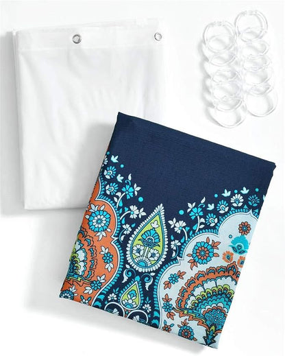 Lush Decor Bohemian Meadow Shower Curtain with Liner and Rings 14 Piece Set 72" W x 72" L Navy - Boho Shower Curtain Set - Colorful Bathroom Curtains