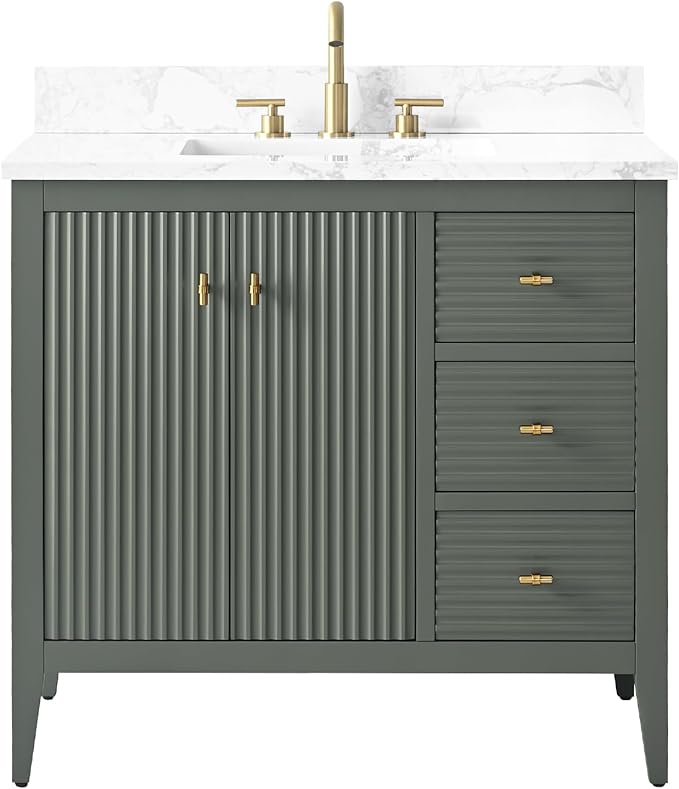 HOMEBEYOND 36" Bathroom Vanity with Sink, Solid Wood Bathroom Vanity Free-Standing Cabinet, Drawers, Ceramic Top & Soft Closing Door, Golden Brushed Handware, Vintage Green