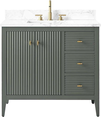 HOMEBEYOND 36" Bathroom Vanity with Sink, Solid Wood Bathroom Vanity Free-Standing Cabinet, Drawers, Ceramic Top & Soft Closing Door, Golden Brushed Handware, Vintage Green