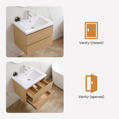 24" Wall-Mount Bathroom Vanity with Single Basin Sink Combo - Includes Faucet, 2 Extra Large Drawers, and Ample Storage