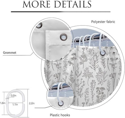 Coxila Vintage Floral Shower Curtain Extra Long XL Botanical Flower Black White Gray Farmhouse Neutral Wildflower Cute Retro Plant Nature Bathroom 72 x 84 Inch Polyester Fabric 12 Pack Hooks