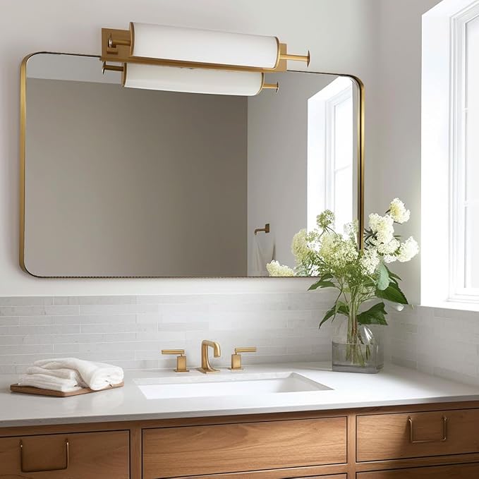 24x40 Inch Gold Bathroom Mirror, Stainless Steel Metal Frame with Rounded Corner, Rectangle Glass Panel Wall Mounted Mirror Decorative for Bathroom