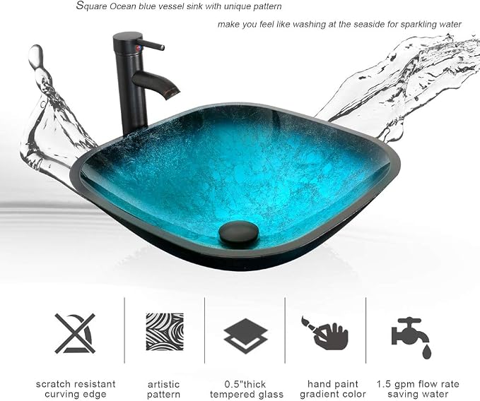 60" Black Bathroom Vanity,Double Vanity,0.5"Tempered Glass Vessel Sink (Light Blue),ORB Faucet,Drain Parts,Bathroom Vanity Top,Glass Sink Bowl,Vanity Pedestal,Mounting Ring Include,Mirror Not Included