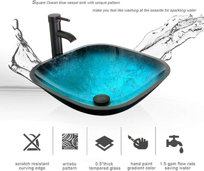 60" Black Bathroom Vanity,Double Vanity,0.5"Tempered Glass Vessel Sink (Light Blue),ORB Faucet,Drain Parts,Bathroom Vanity Top,Glass Sink Bowl,Vanity Pedestal,Mounting Ring Include,Mirror Not Included