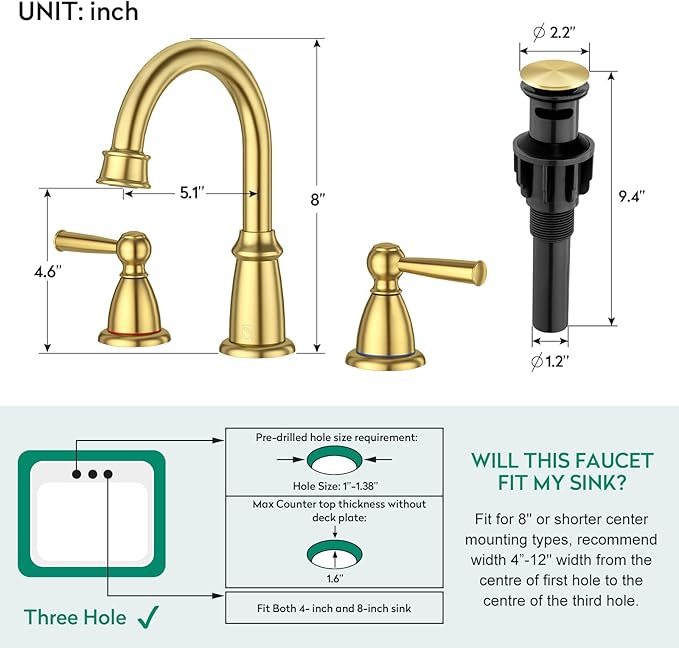 CREA Gold Bathroom Faucet 3 Hole,2 Handles 8 Inch Widespread Bathroom Faucets with Drain,360°Swivel 3 Pieces Brushed Gold Faucet for Bathroom Vanity Basin Mixer Tap(cPUC Supply Line)