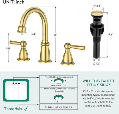 CREA Gold Bathroom Faucet 3 Hole,2 Handles 8 Inch Widespread Bathroom Faucets with Drain,360°Swivel 3 Pieces Brushed Gold Faucet for Bathroom Vanity Basin Mixer Tap(cPUC Supply Line)