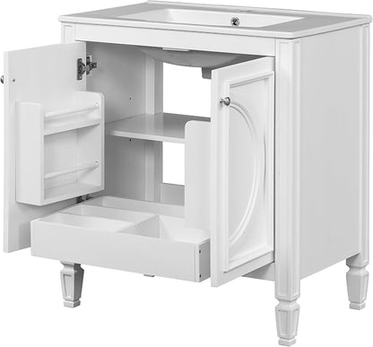 Christopher Knight Home Benton 30" Bathroom Vanity with Ceramic Sink, Rubberwood Frame, Adjustable Shelves, Soft Close Door Hinges, Storage Cabinet with 2-Tier Door Organizer, 1 Drawer, White