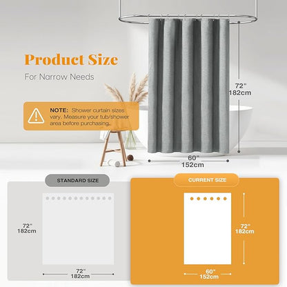 BTTN 60 Inch Fabric Shower Curtain, Stall Linen Textured Waterproof Heavy Duty Cloth Shower Curtain Set with 10 Plastic Hooks, Narrow Hotel Luxury Washable Bath Curtains for Bathroom, 60x72, Gray/Grey