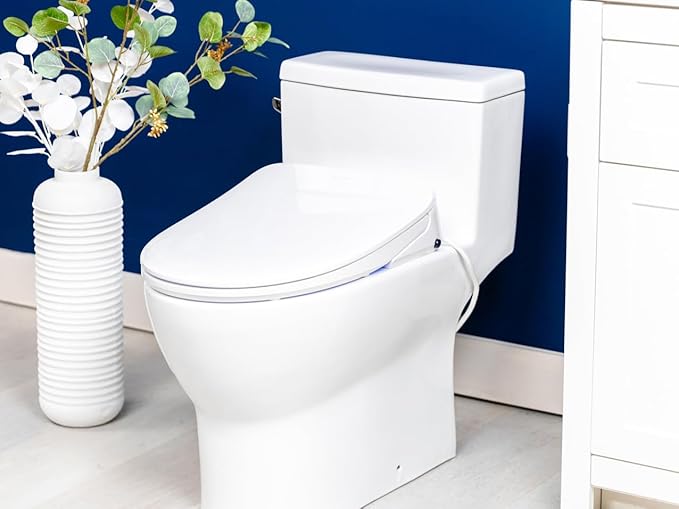 ALPHA BIDET iX Pure Bidet Toilet Seat in Round White | Ultra Low Profile | Endless Warm Water | Arced Stainless Steel Nozzle | Blue LED Nightlight | Dryer…