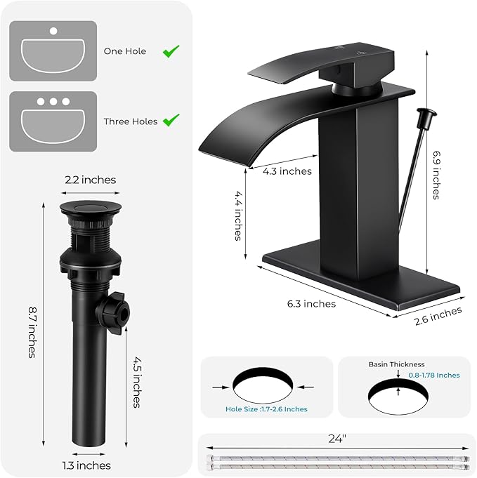 Matte Black Bathroom Faucet with Lift Rod Drain, Waterfall Bathroom Sink Faucet Modern Single Handle Bathroom Faucte 1 or 3 Hole, RV Mixer Tap Vanity Faucet Washbasin Faucet with Deck