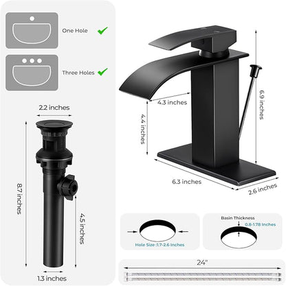 Matte Black Bathroom Faucet with Lift Rod Drain, Waterfall Bathroom Sink Faucet Modern Single Handle Bathroom Faucte 1 or 3 Hole, RV Mixer Tap Vanity Faucet Washbasin Faucet with Deck