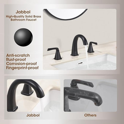 Widespread Bathroom Faucet 3 Hole, Matte Black Bathroom Sink Faucet, 2 Handle Brass Bathroom Faucets for Vanity Faucet with Pop Up Drain and 2 Supply Lines