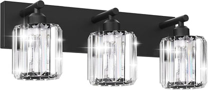 Black Crystal Bathroom Vanity Light, 3-Light Modern Bathroom Lighting Fixtures Over Mirror, Matte Black Wall Sconce Light Fixtures with Round Shade