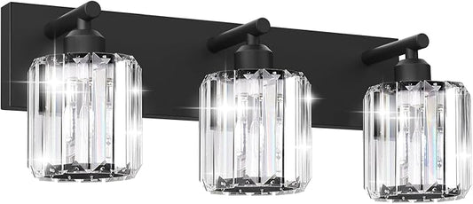 Black Crystal Bathroom Vanity Light, 3-Light Modern Bathroom Lighting Fixtures Over Mirror, Matte Black Wall Sconce Light Fixtures with Round Shade