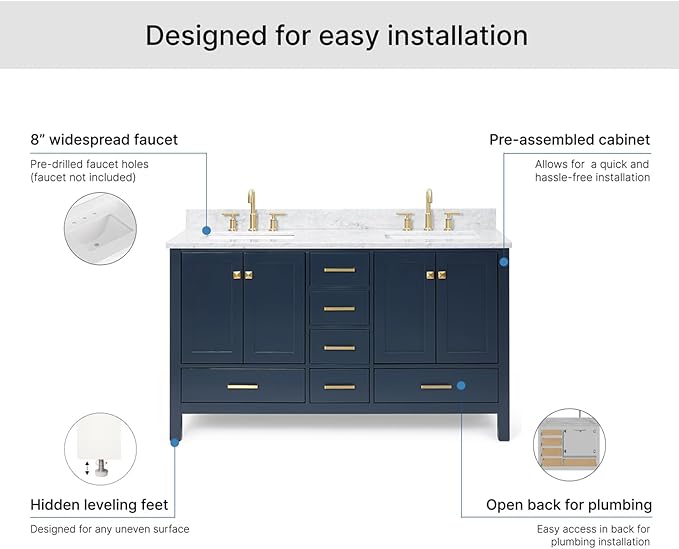ARIEL Cambridge 60-inch Bathroom Vanity with Sink,Solid Wood, 0.75-inch Italian Carrara Marble Countertop, Double Rectangular Porcelain Sink, 4 Soft Closing Doors, 6 Dovetail Drawers, Midnight Blue